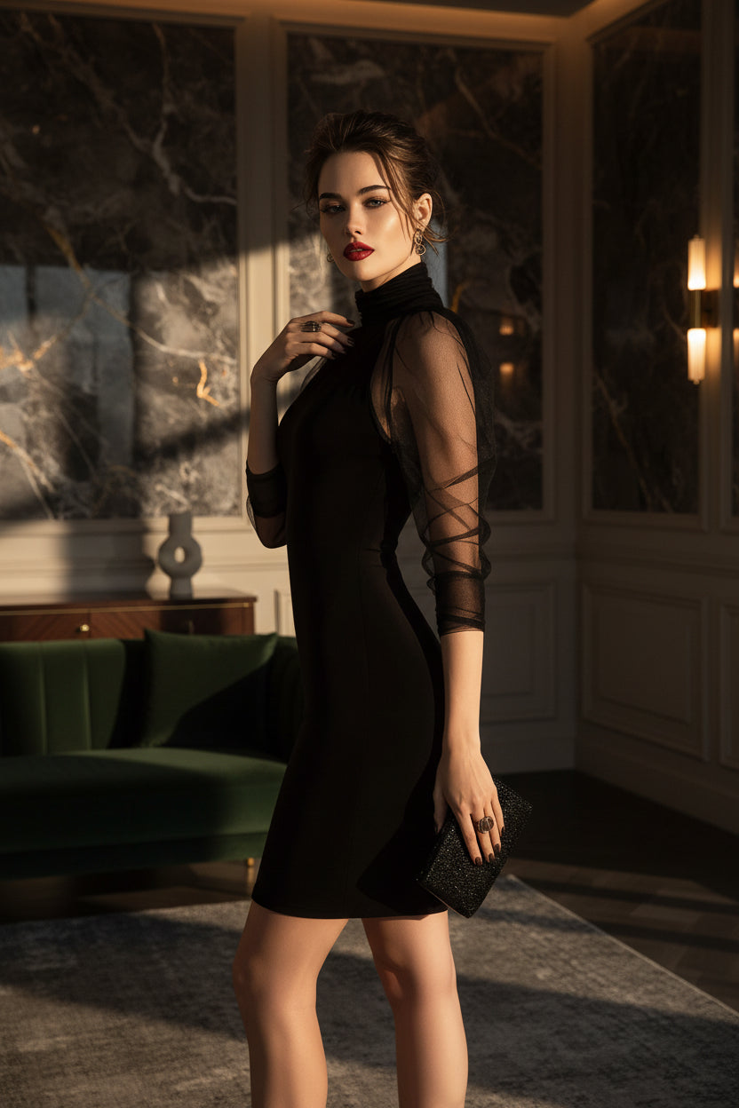 Black High Neck Long Sleeve Sheath Midi Dress – Mesh Overlay Formal Evening Dress