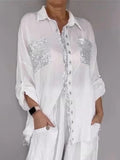 Women's Sequin Pocket Button-Up Shirt & Wide-Leg Pants Set