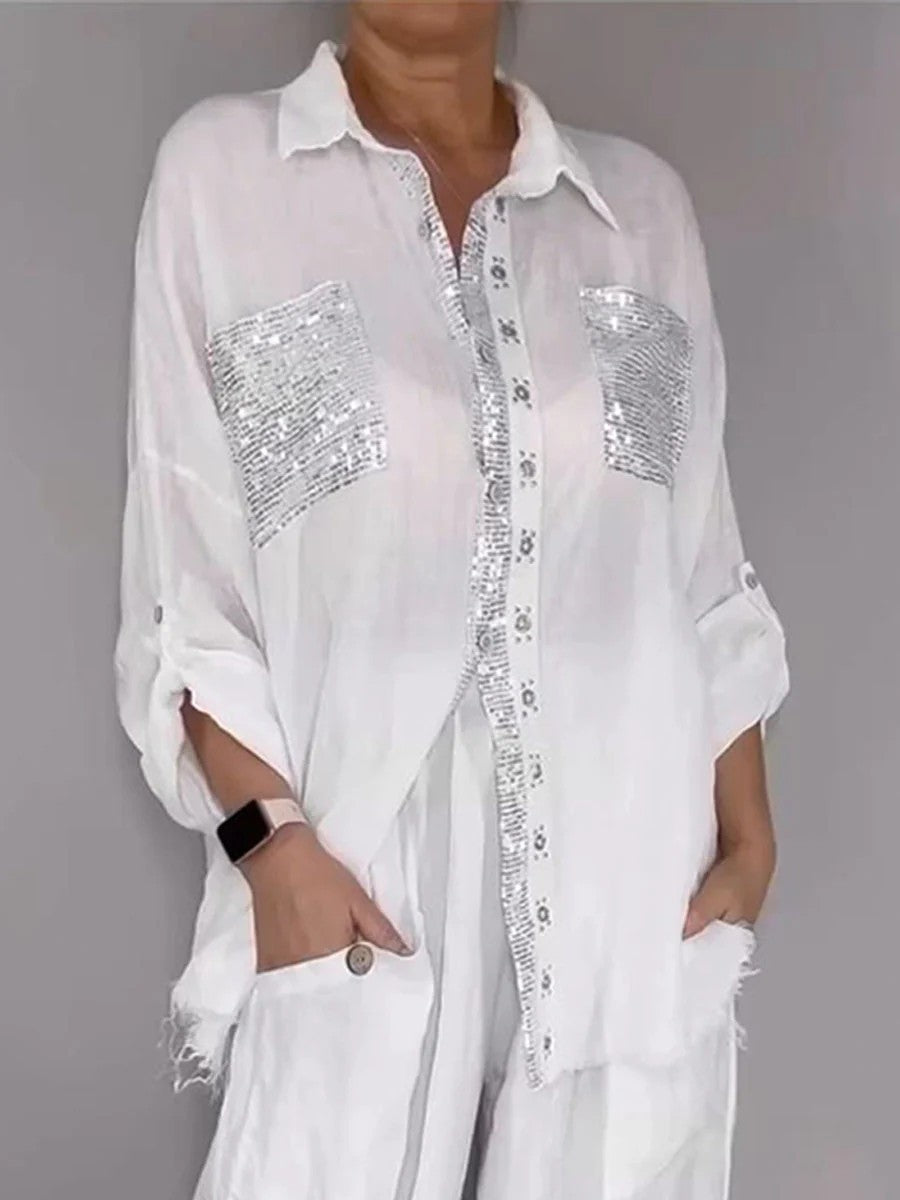 Women's Sequin Pocket Button-Up Shirt & Wide-Leg Pants Set