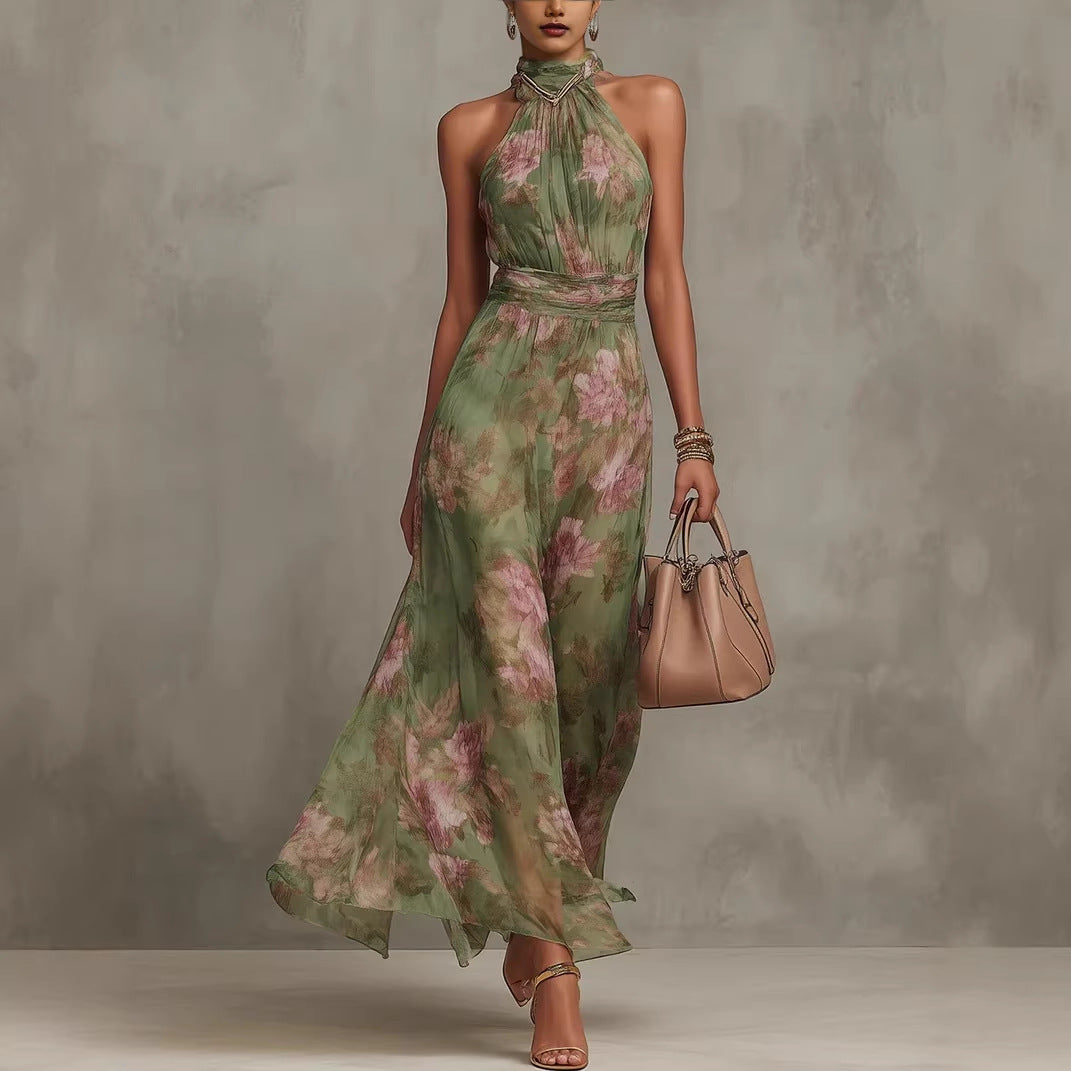 Green Graffiti Print Mesh Suspender Maxi Dress – High-Waist Irregular Slit Streetwear Dress