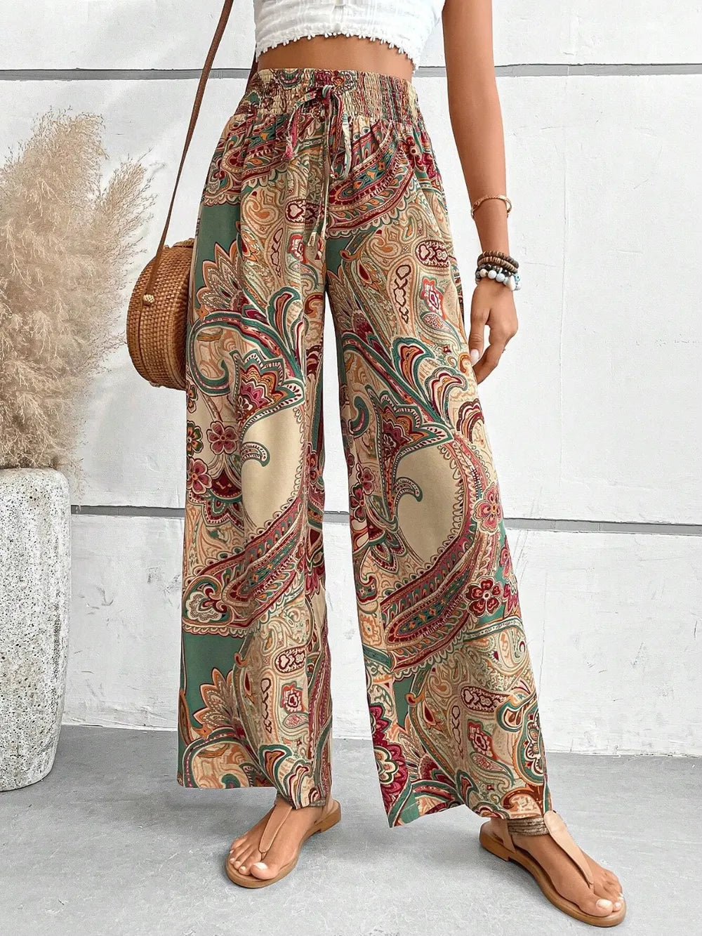 Women's Paisley Print Wide-Leg Pants – Boho Smocked Elastic Waist Tie-Up Flowy Trousers
