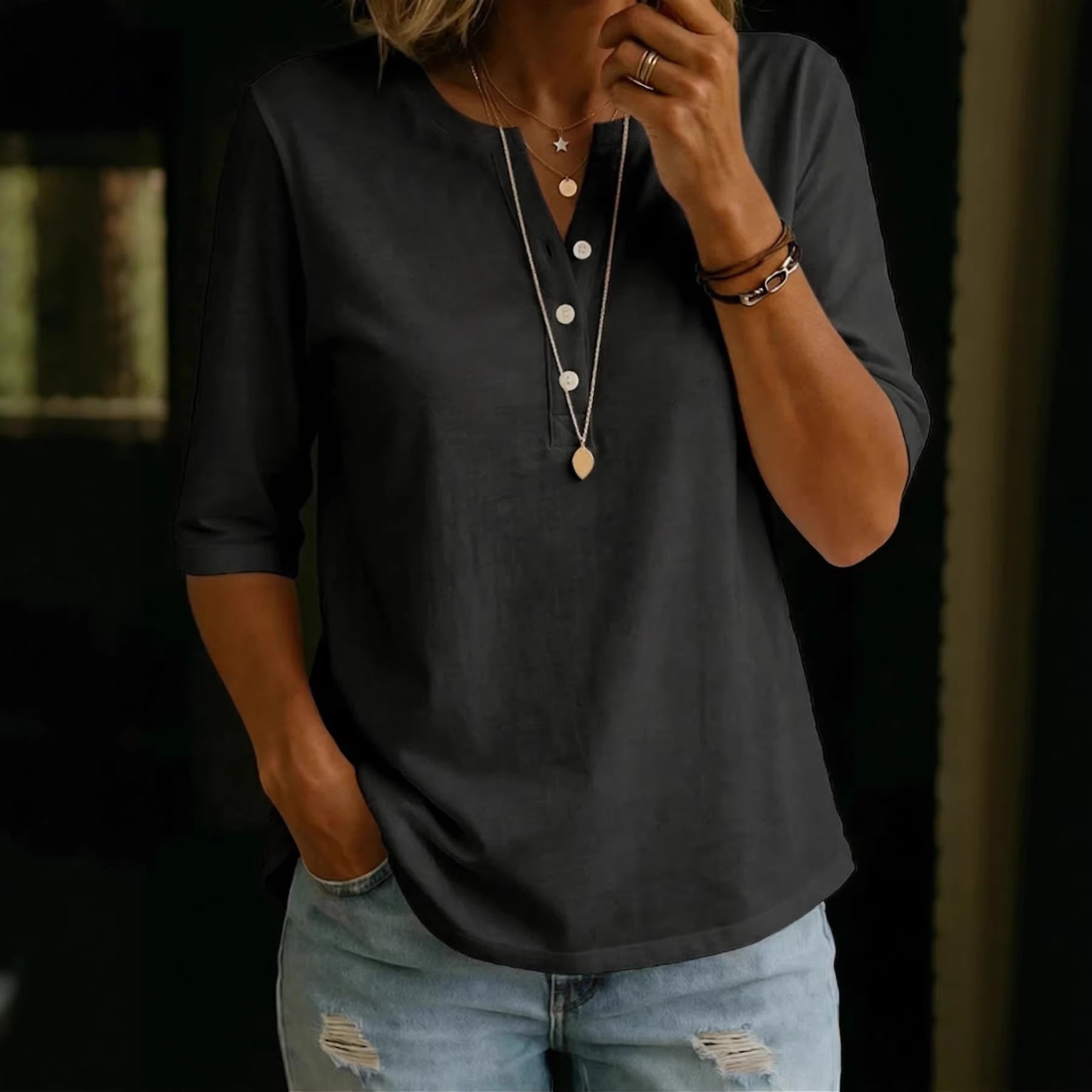 Women's Solid Color Henley Button-Up Short Sleeve Top