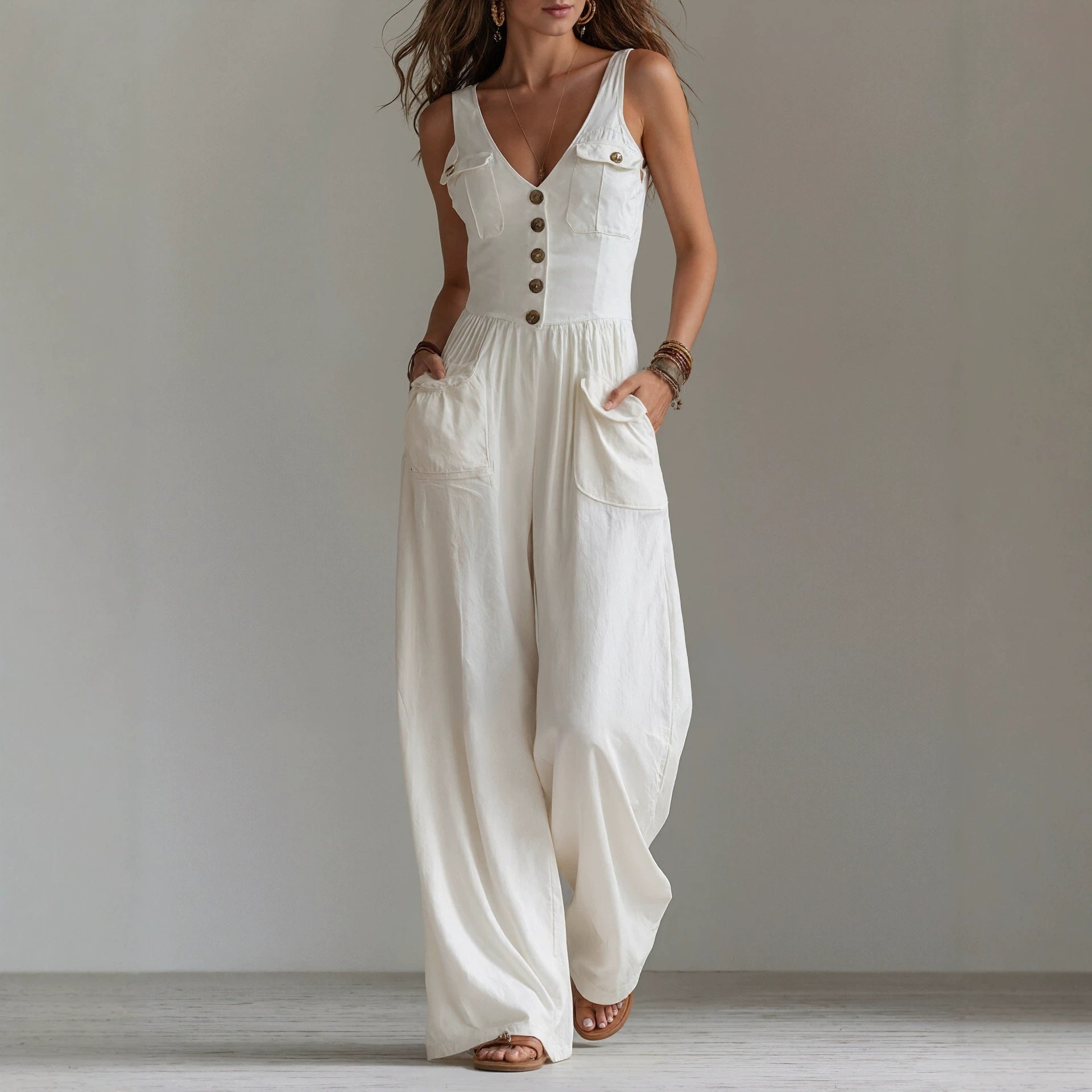 Women's Sleeveless V-Neck High Waist Jumpsuit with Pockets – Wide Leg Summer Outfit