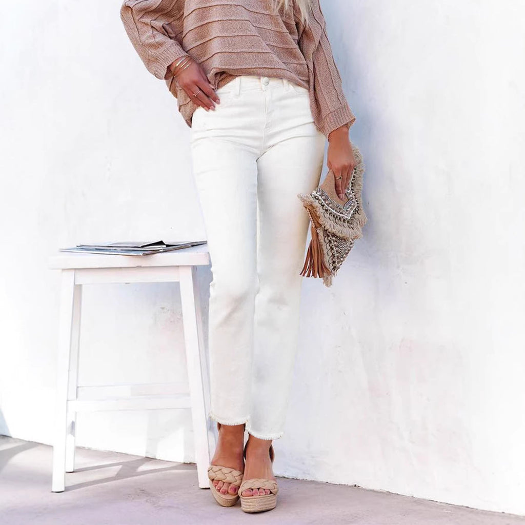 Women's Straight Leg Ankle-Length Raw Hem Denim Pants – Casual High-Waist Jeans