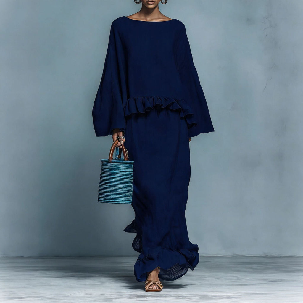 Women's Long Sleeve Top & Irregular Hem Skirt Set | Elegant Solid Color 2-Piece in 4 Colors