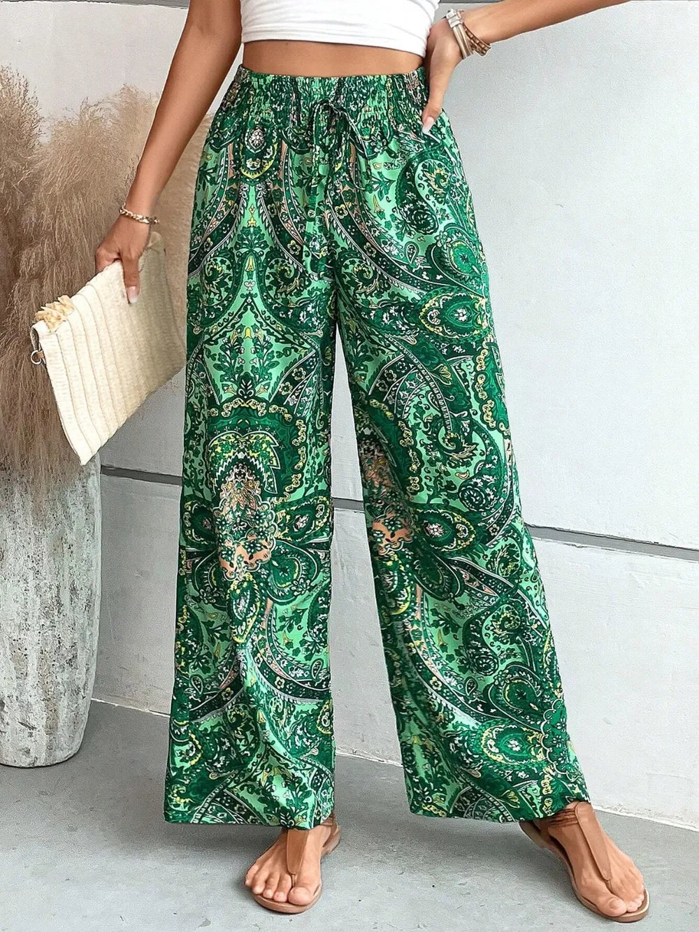 Women's Paisley Print Wide-Leg Pants – Boho Smocked Elastic Waist Tie-Up Flowy Trousers