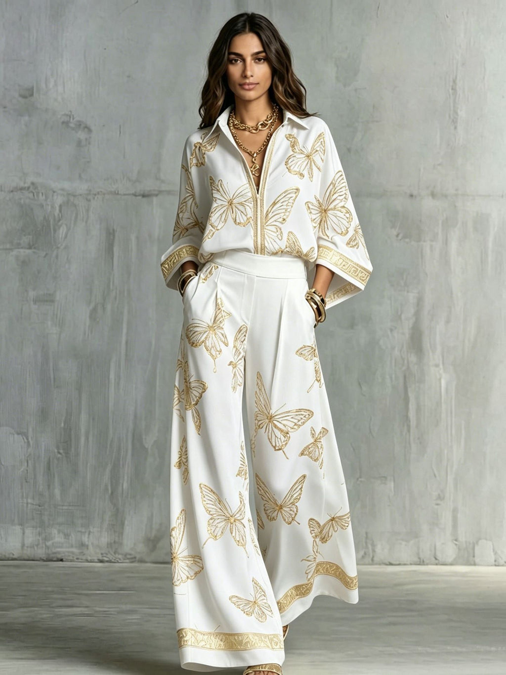 Women's Deep V-Neck Zipper Top & Wide Leg Pants Two-Piece Set