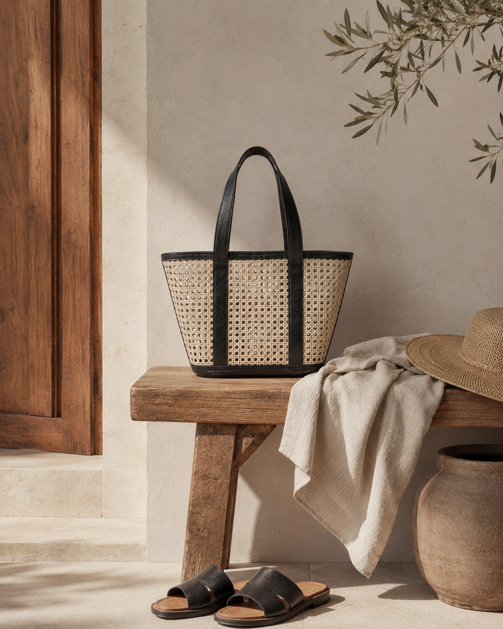Raja Leather and Cane Carryall Bag