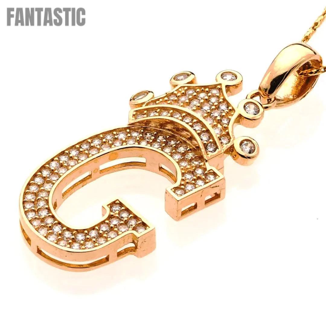 14K Gold CZ Crown Initial Letter G Pendant