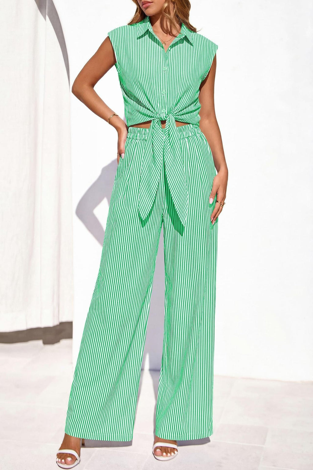 Women's Striped Button-Front Sleeveless Shirt & Wide-Leg Pants Set
