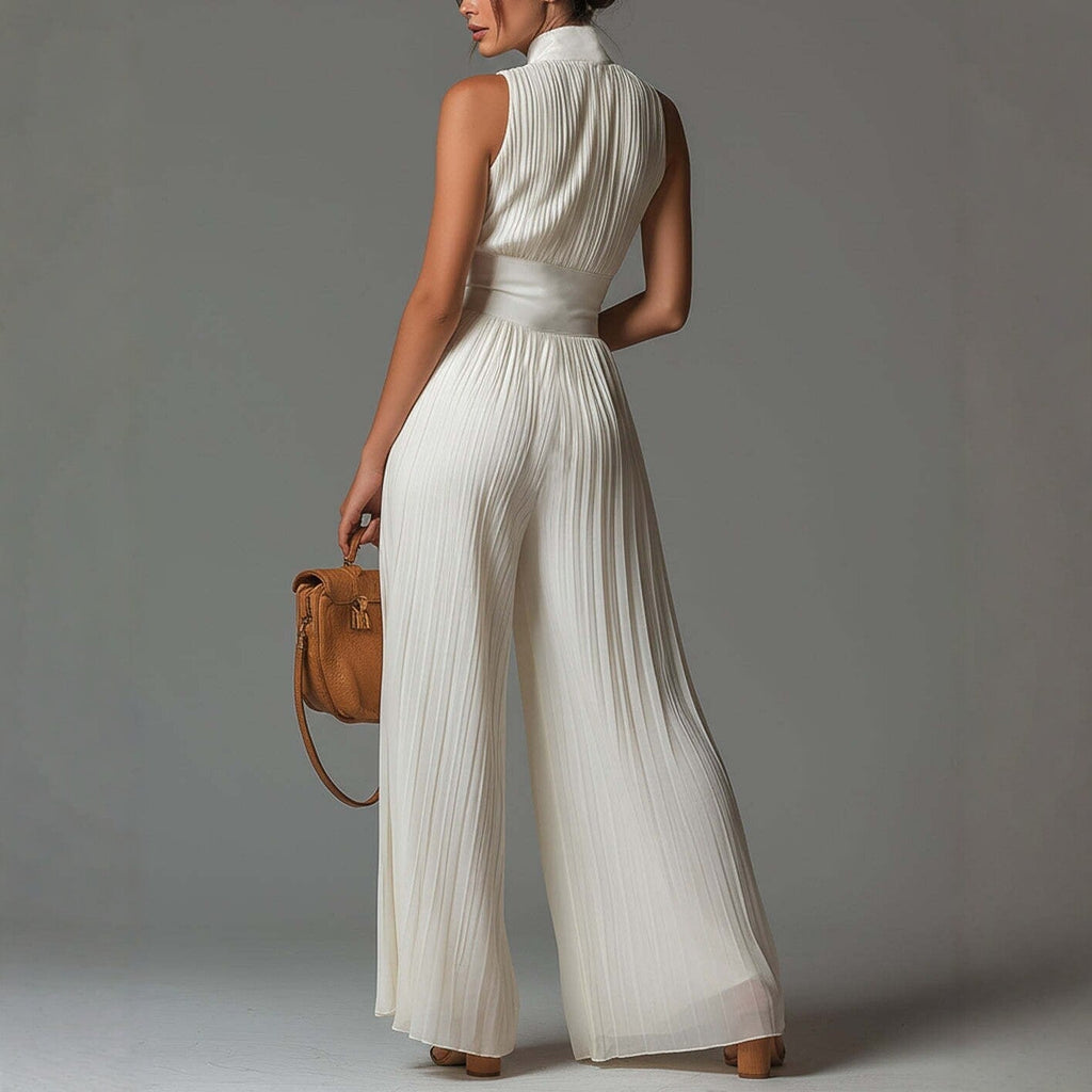 Pleated Wide-Leg Jumpsuit for Women – Sleeveless High-Waist Minimalist Long Jumpsuit