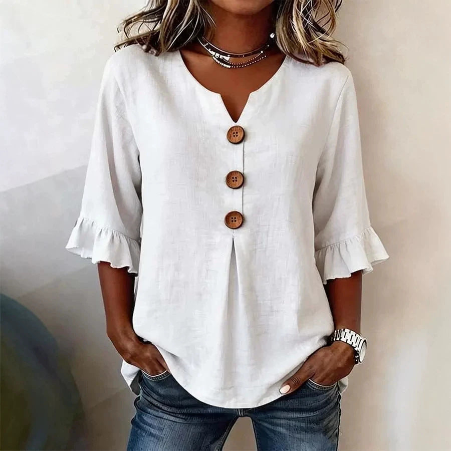 Women's Cotton Linen V-Neck Button-Up Blouse — Summer Casual Top