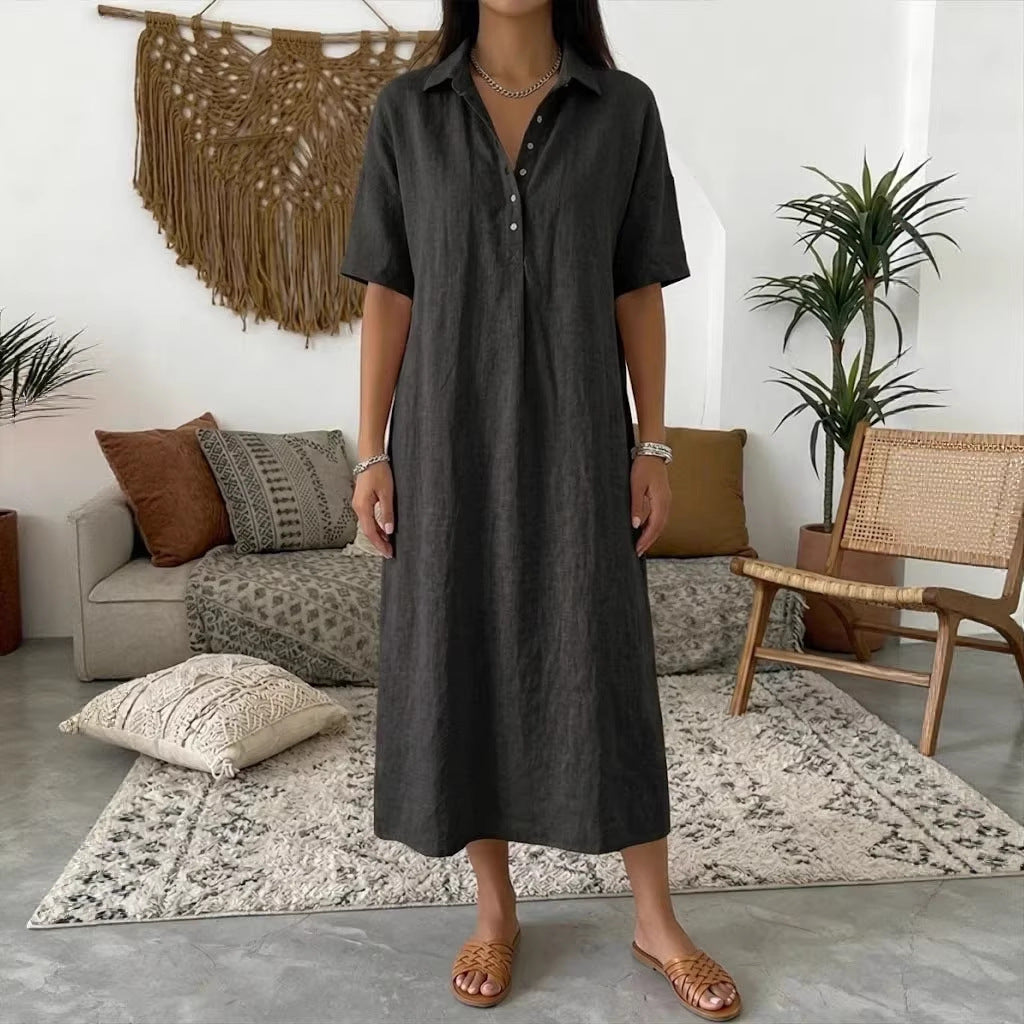 Women's Linen Blend Short Sleeve Polo Neck Maxi Dress