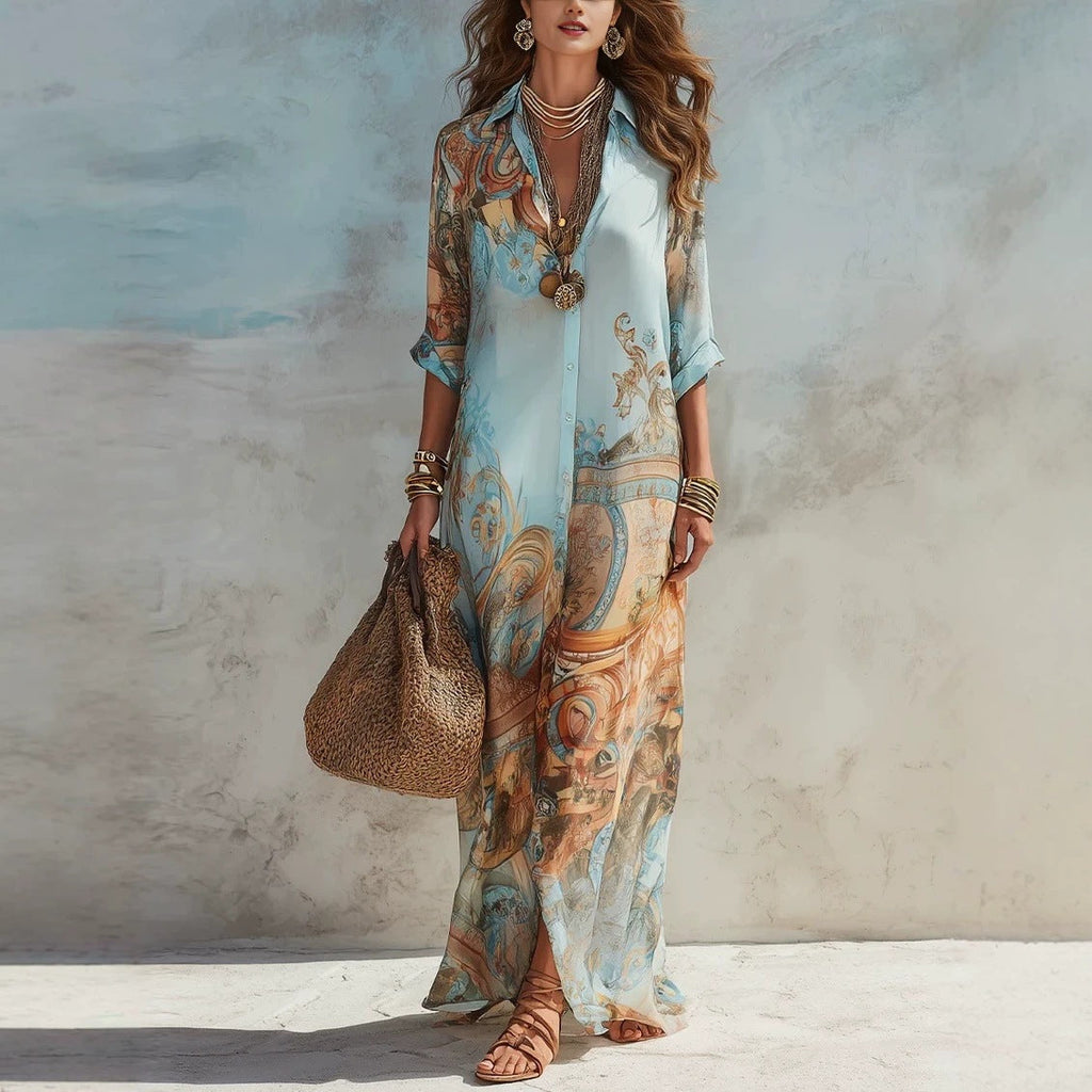 Chiffon Digital Print Vintage Flowy Midi Dress – Women's Button-Front Sundress