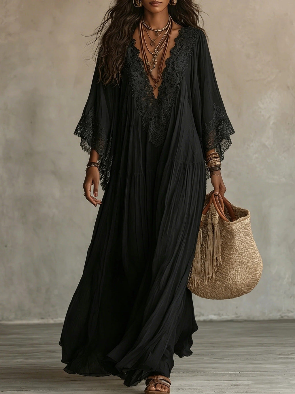 Women's Deep V-Neck Lace Trim Flared Sleeve Boho Maxi Dress