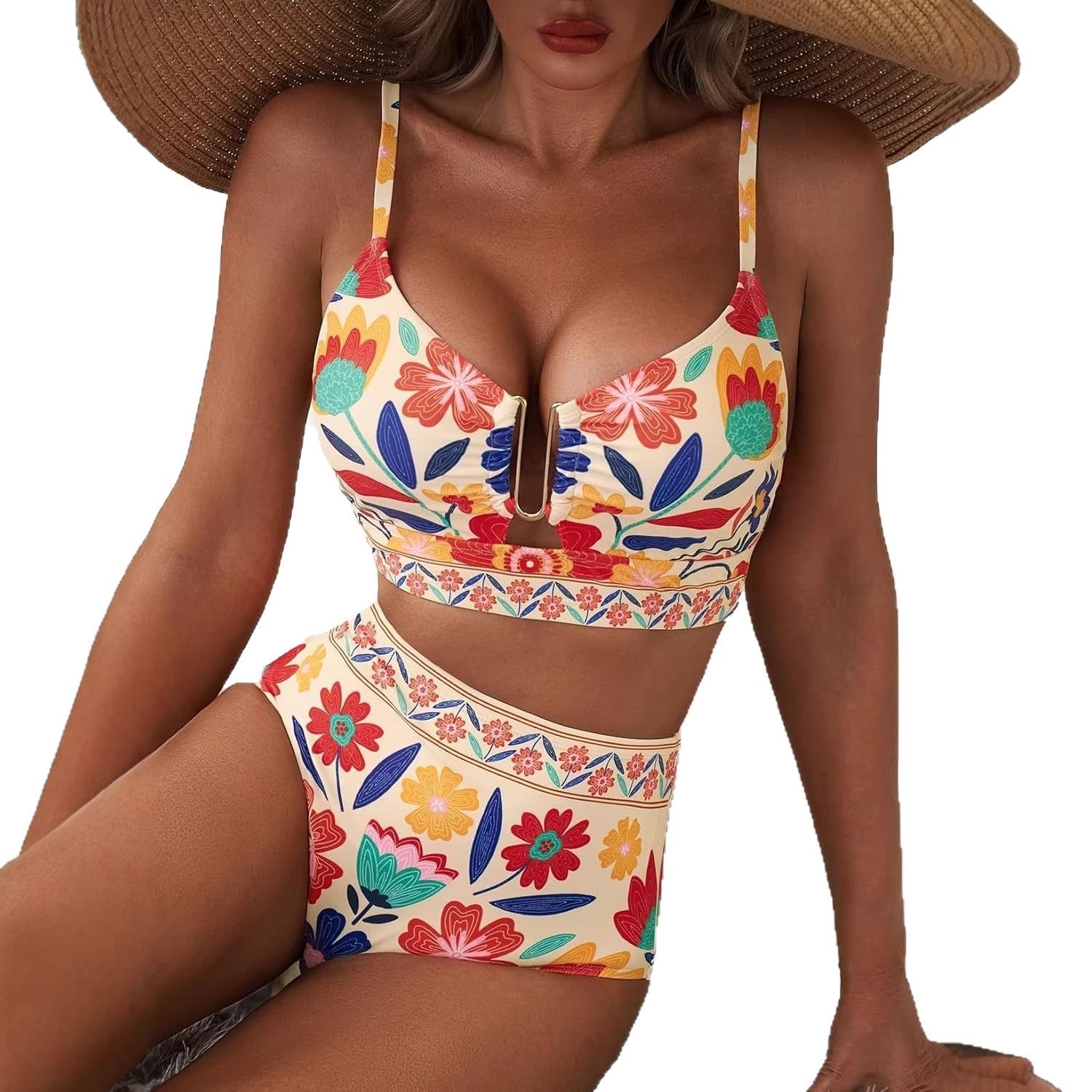 Women's Floral Print High-Waist U-Wire Bikini Set