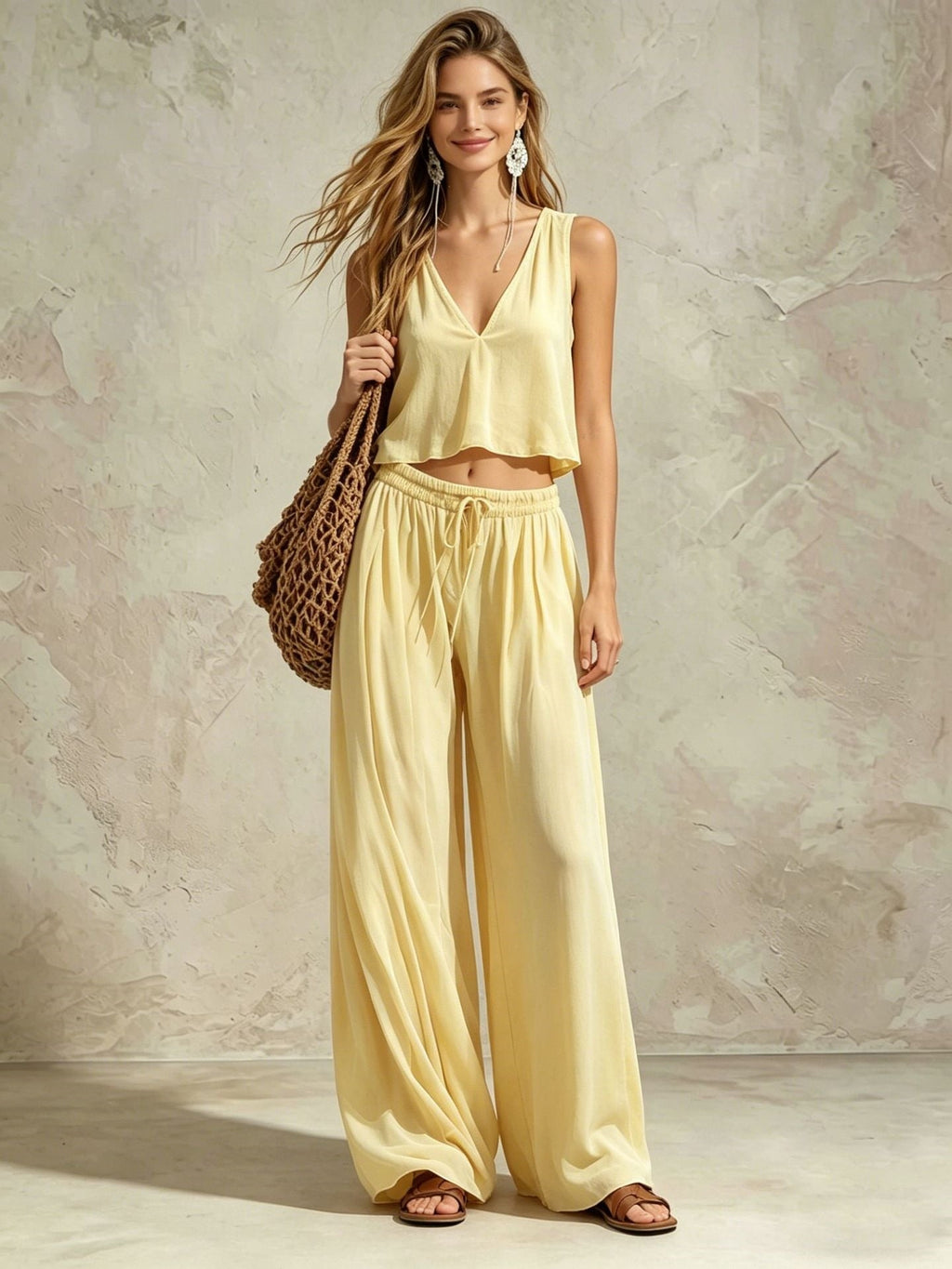 Women's V-Neck Sleeveless Camisole Top & Wide Leg Pants Set