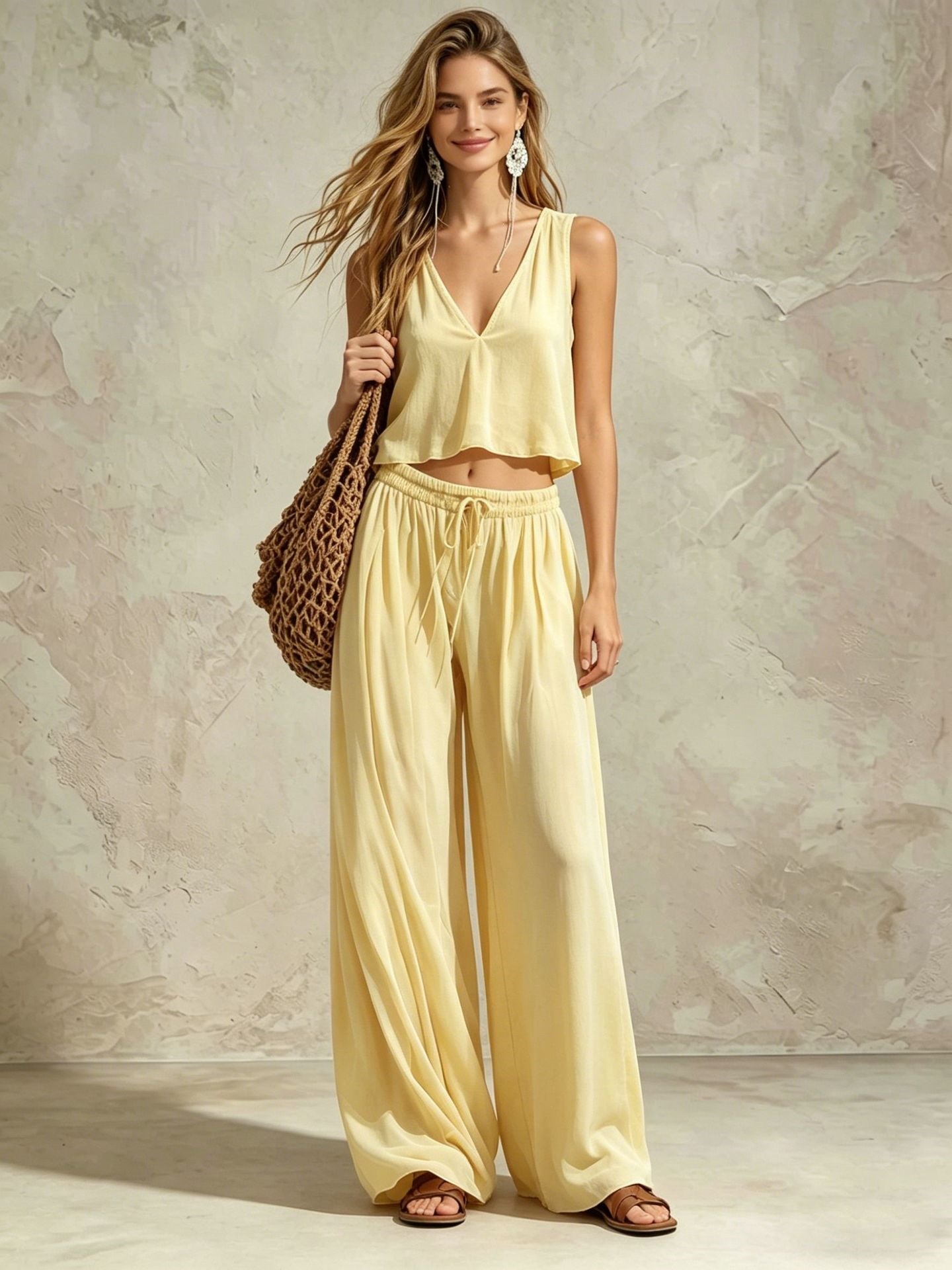 Women's V-Neck Sleeveless Camisole Top & Wide Leg Pants Set
