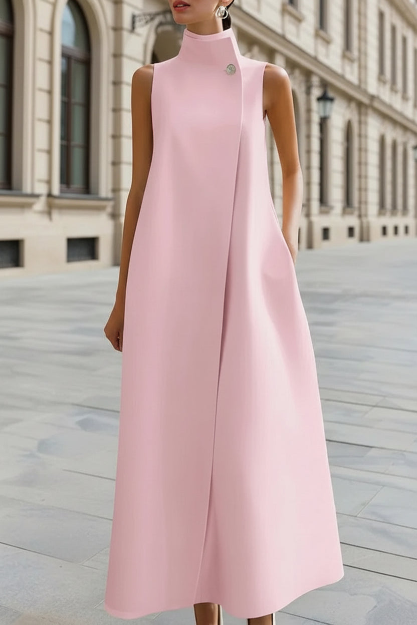Elegant Sleeveless Long Dress – Stand Collar Office & Casual Dress
