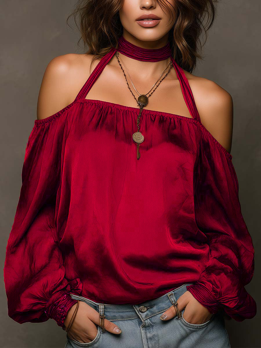 Women's Halter Neck Satin Blouse | Shoulder-Baring Long Sleeve Top in 5 Colors