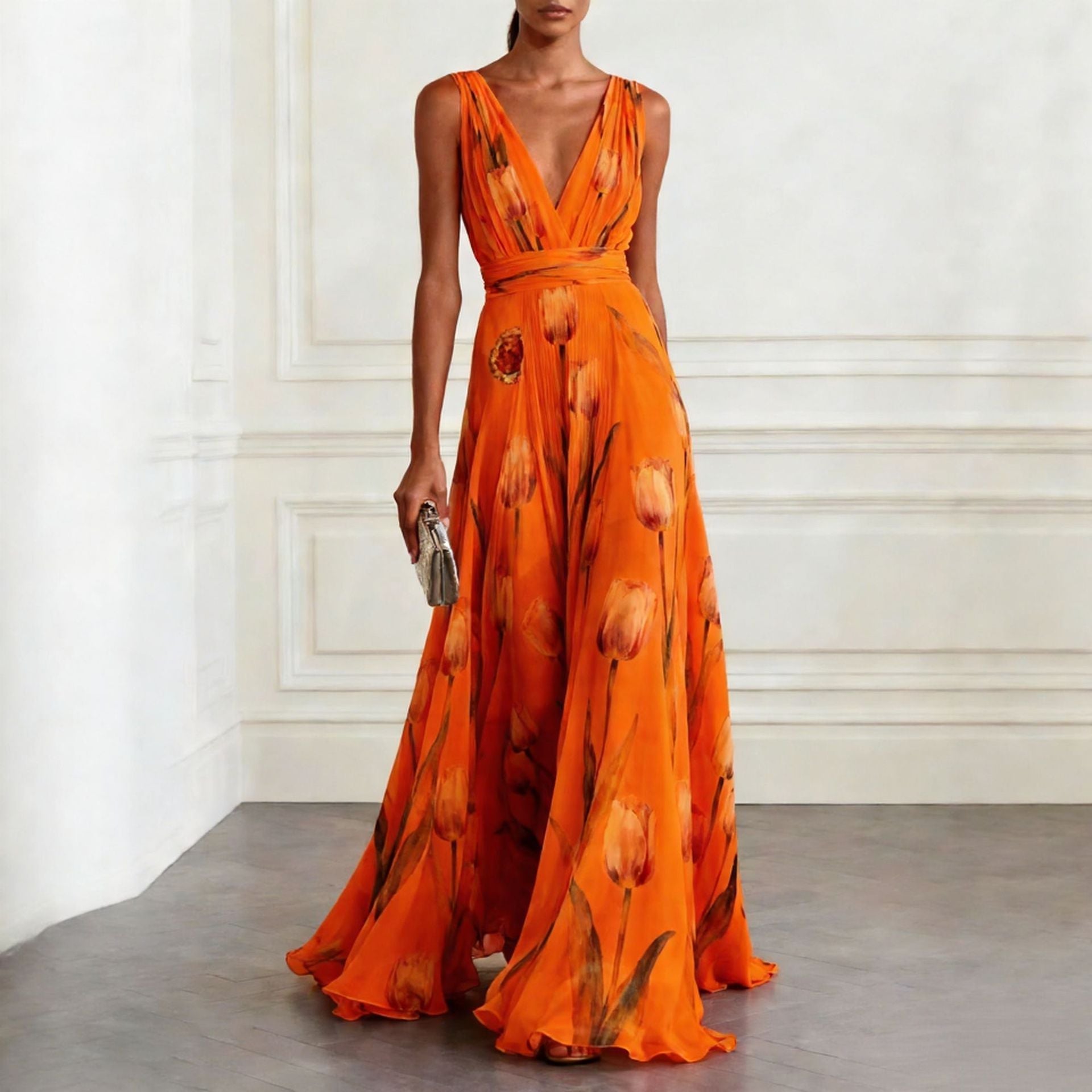 Women's Tulip Print Sleeveless Deep V-Neck A-Line Maxi Dress – 7 Colors