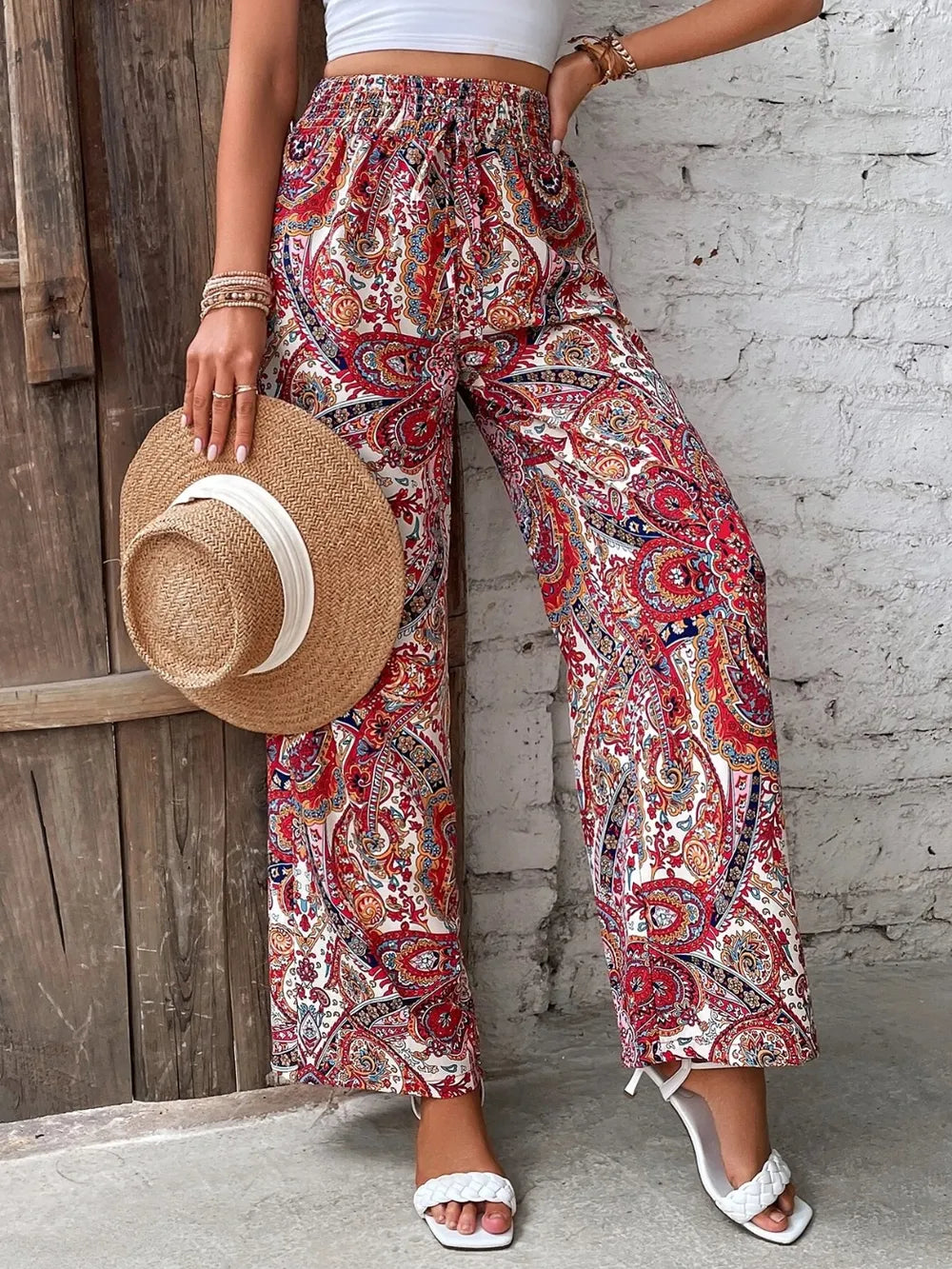 Women's Paisley Print Wide-Leg Pants – Boho Smocked Elastic Waist Tie-Up Flowy Trousers