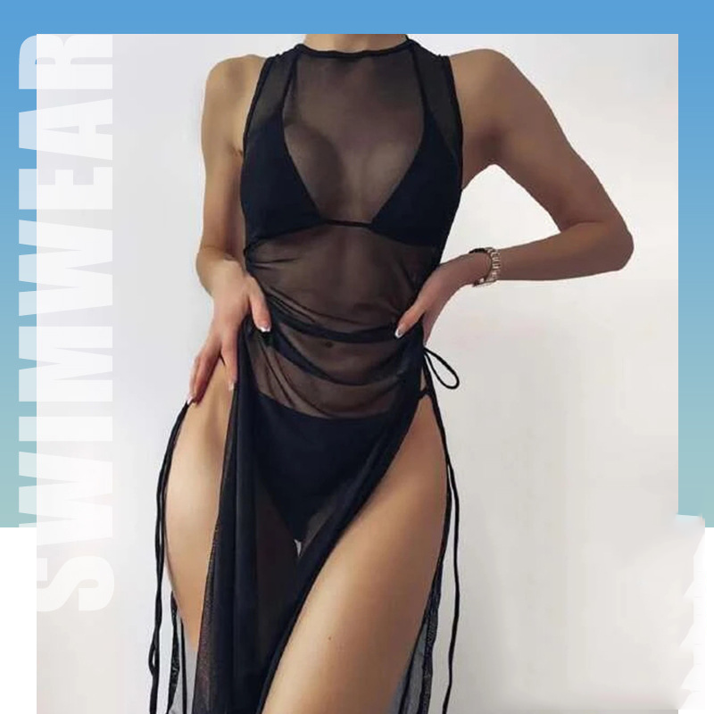 Women's Solid Color Three-Piece Bikini Set with Maxi Dress Cover-Up