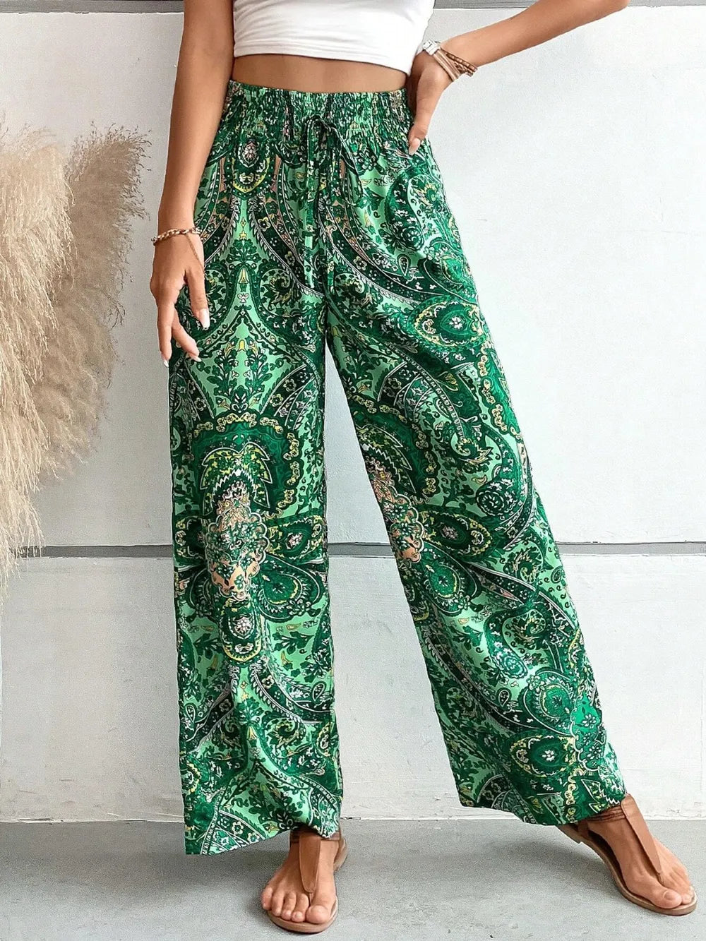 Women's Paisley Print Wide-Leg Pants – Boho Smocked Elastic Waist Tie-Up Flowy Trousers
