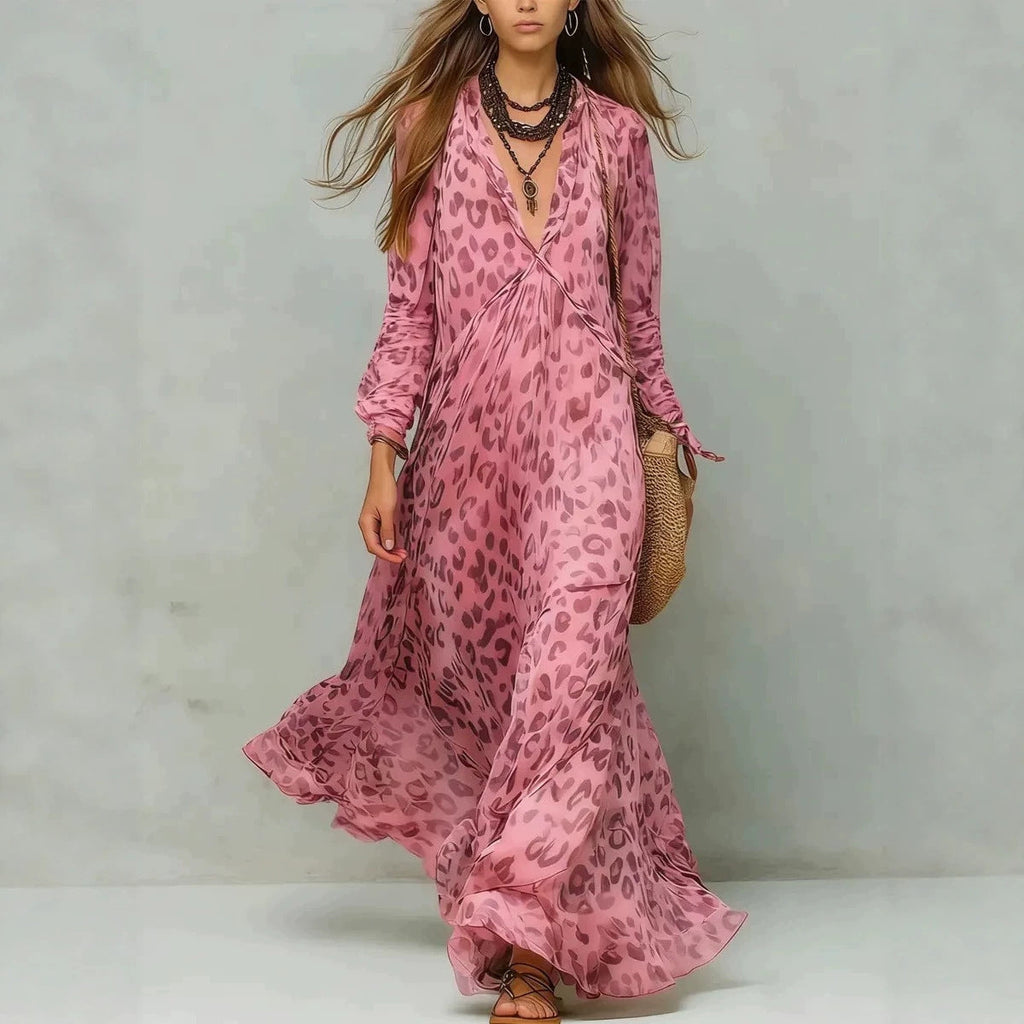 Women's Leopard Print Chiffon Deep V-Neck Flared Maxi Dress | Three-Quarter Sleeve Beach Vacation Dress