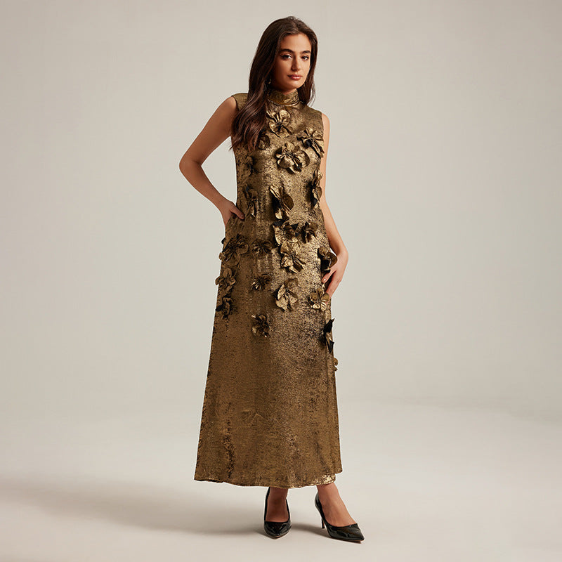 🌸 Three-Dimensional Floral Sleeveless A-Line Dress