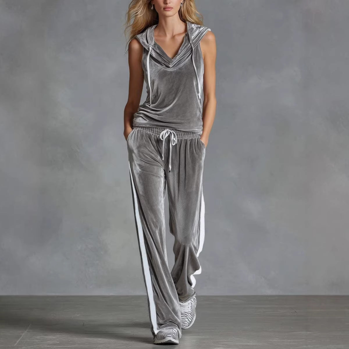 Women's Sleeveless Hooded Velvet Top & Long Pants Set | Casual Sporty 2-Piece in 6 Colors