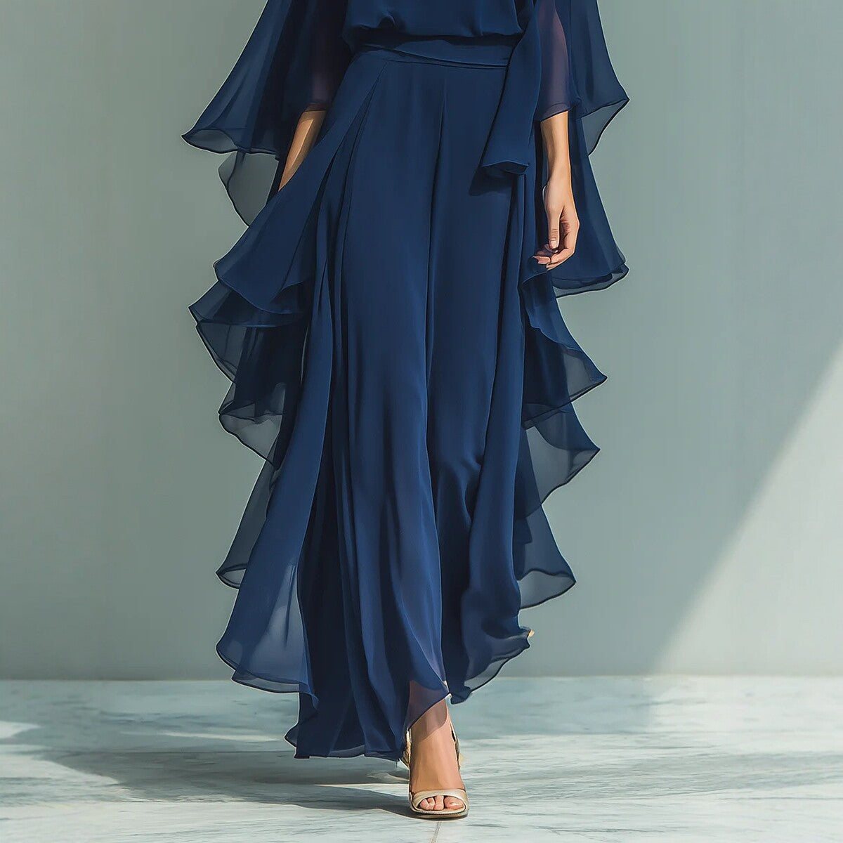 Deep Blue Ruffle Wide-Leg Pants Set – Elegant Two-Piece Batwing Sleeve Outfit for Women