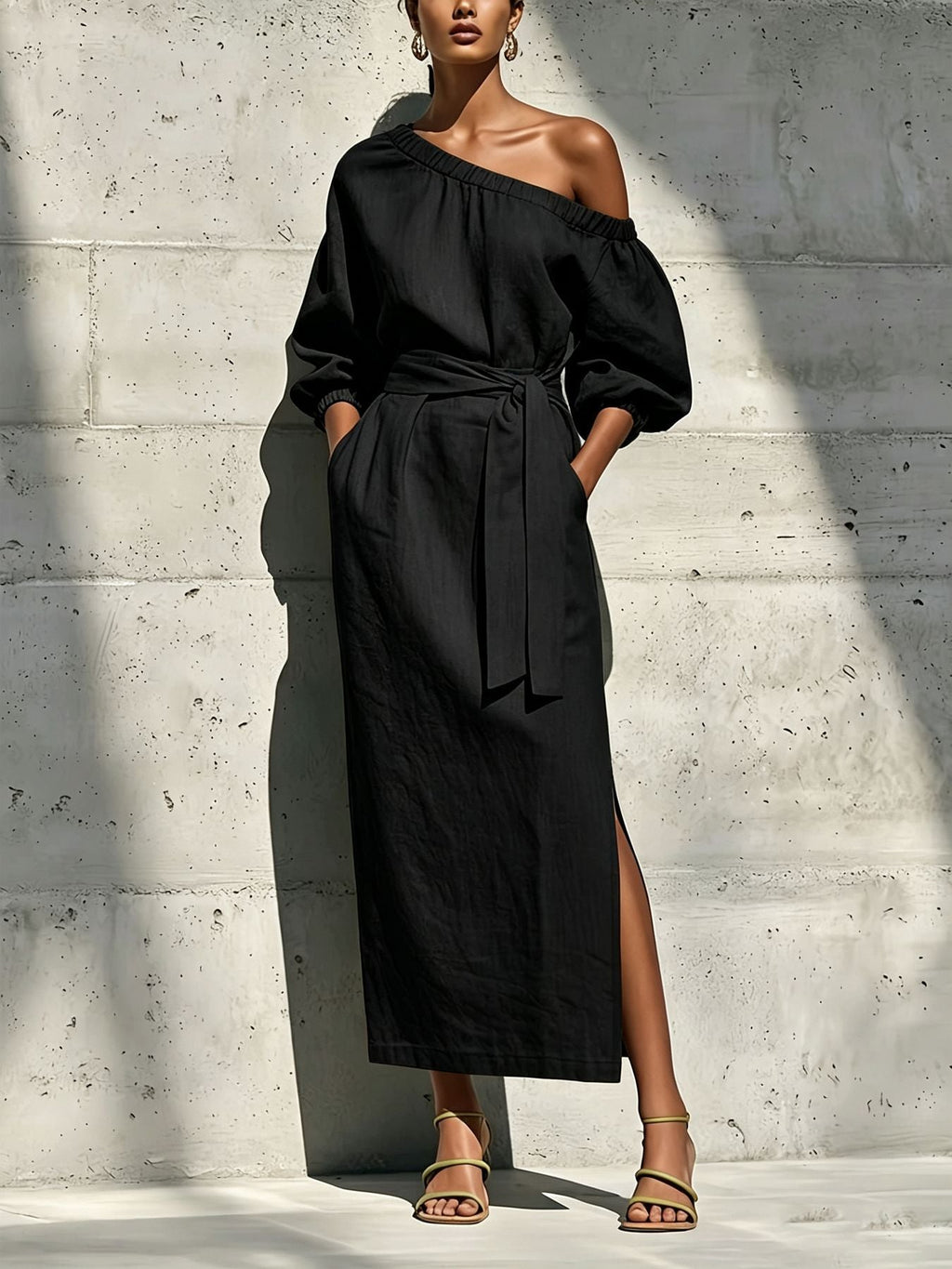 Women's Asymmetric Neck Linen Maxi Dress – Belted with Side Slit & Pockets