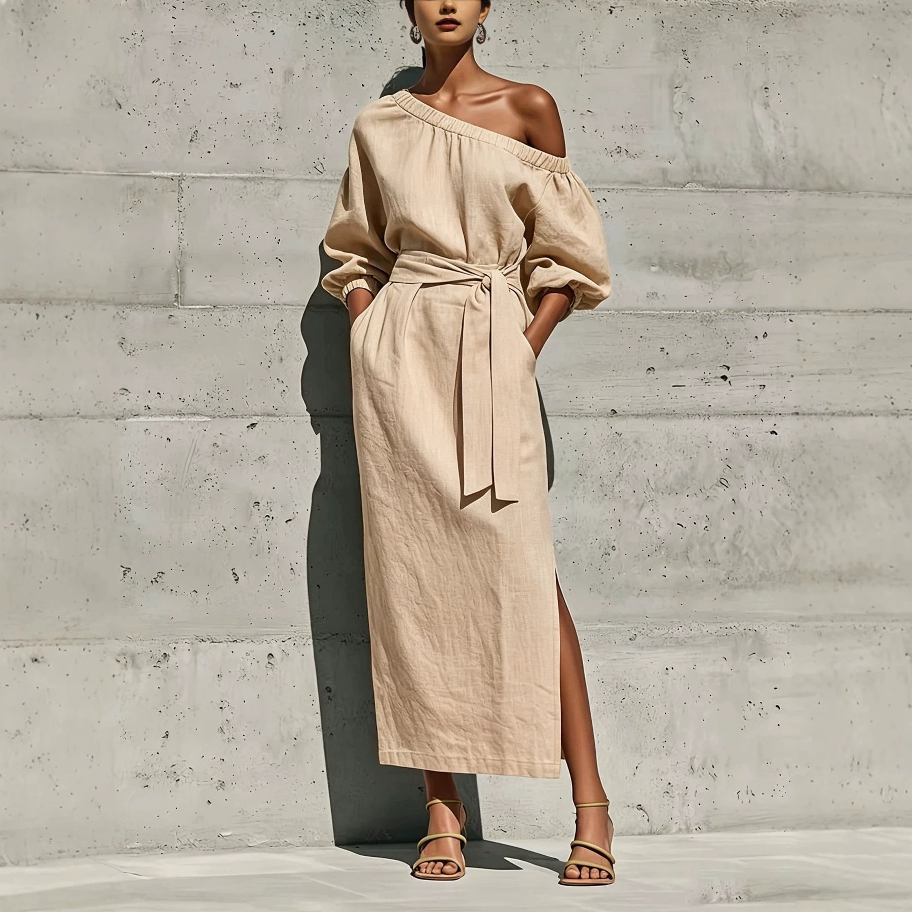 Women's Asymmetric Neck Linen Maxi Dress – Belted with Side Slit & Pockets