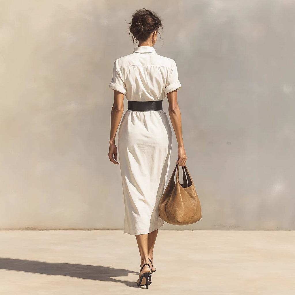 High Waist Shirt Maxi Dress for Women – Solid Color Button Cuff Long Dress