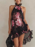 Women's Floral Print Chiffon Off-Shoulder Mini Dress | High Waist A-Line Strapless Summer Dress