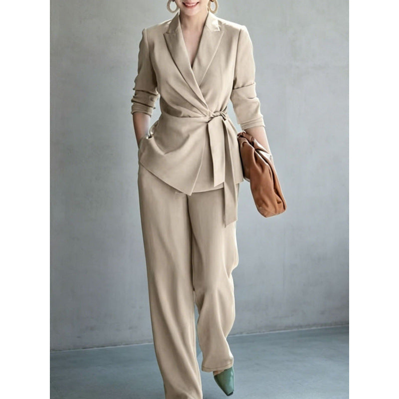 Women's Belted Blazer Wrap Top & Wide-Leg Trousers Suit Set
