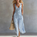 Women's Blue & White Striped Maxi Dress | V-Neck Waist-Tie Side Split Beach Dress
