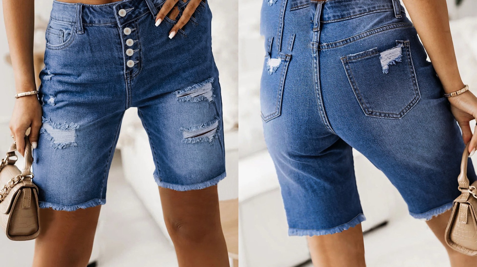 Women’s Cotton Denim Shorts – Mid-Length Frayed Hem Distressed