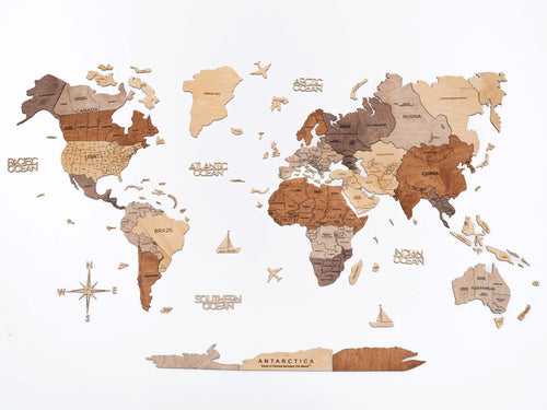 3D Wooden World Map Multicolor