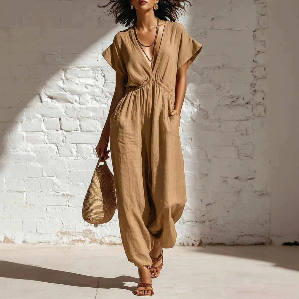 Women's Deep V-Neck Three-Quarter Sleeve High Waist Wide Leg Pants