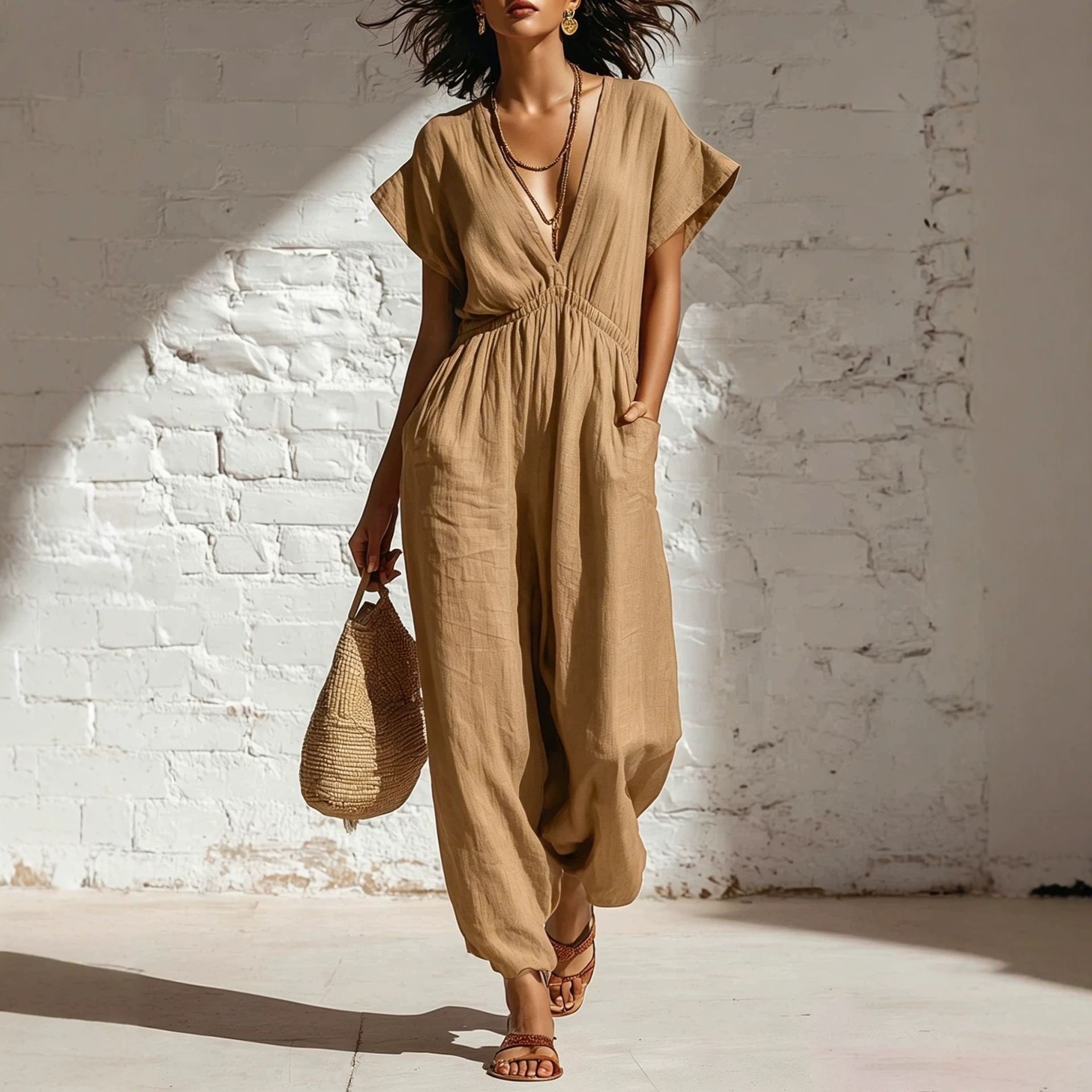 Women's Deep V-Neck Three-Quarter Sleeve High Waist Wide Leg Pants