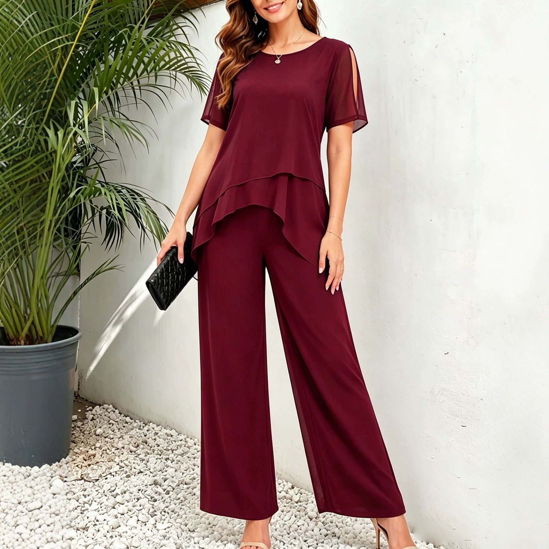 Women's Irregular Hem Top & Wide Leg Pants Two-Piece Set