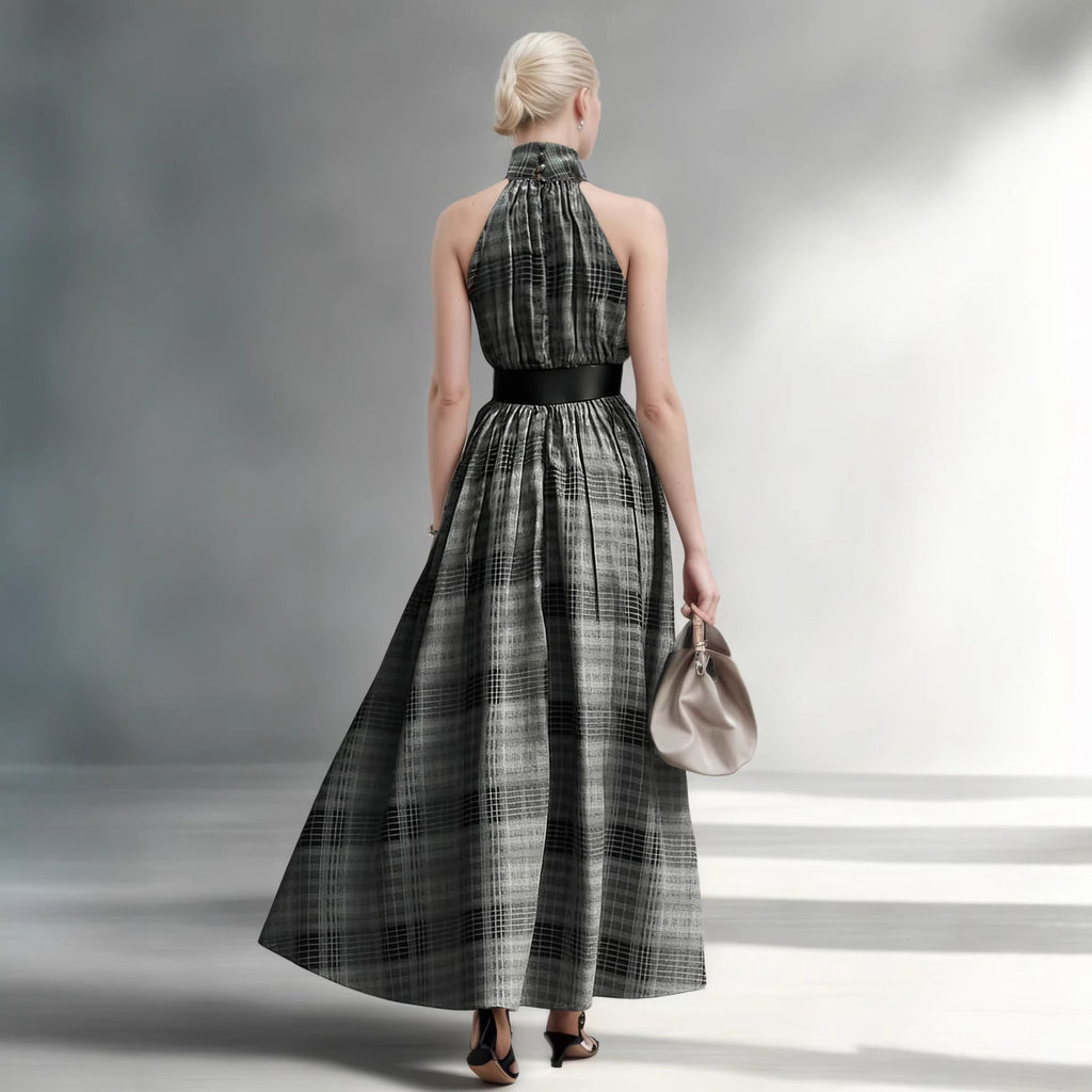 Sleeveless Plaid High Waist Lace-Up A-Line Maxi Dress for Women – Black & White Check