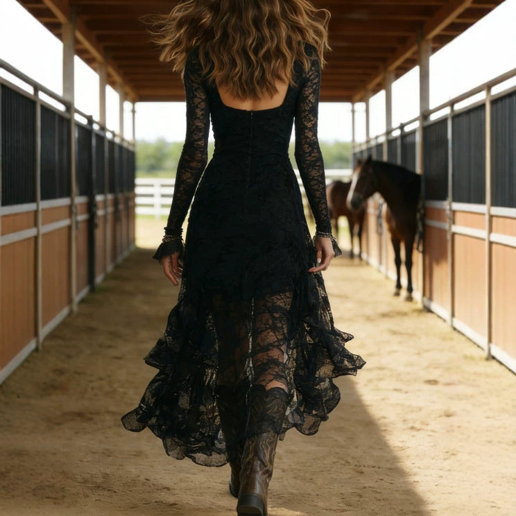 Women's Elegant Lace Panel High-Waist Square Neck Long Sleeve Maxi Dress