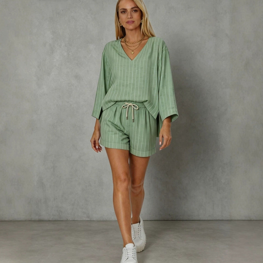 Women's Loose V-Neck Long Sleeve Striped Shorts Set – Casual Leisure