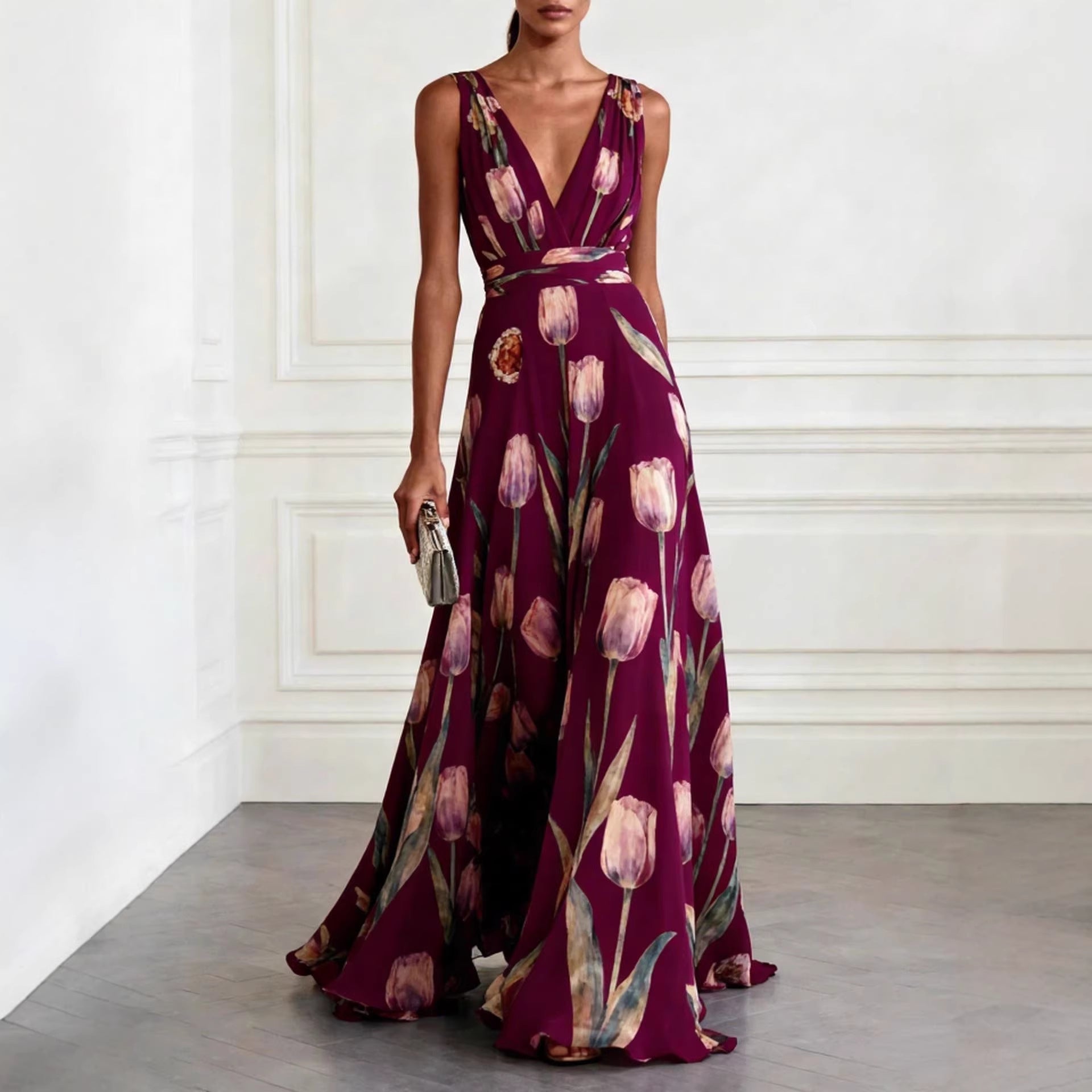 Tulip Print V-Neck Sleeveless Maxi Dress – Floral Chiffon
