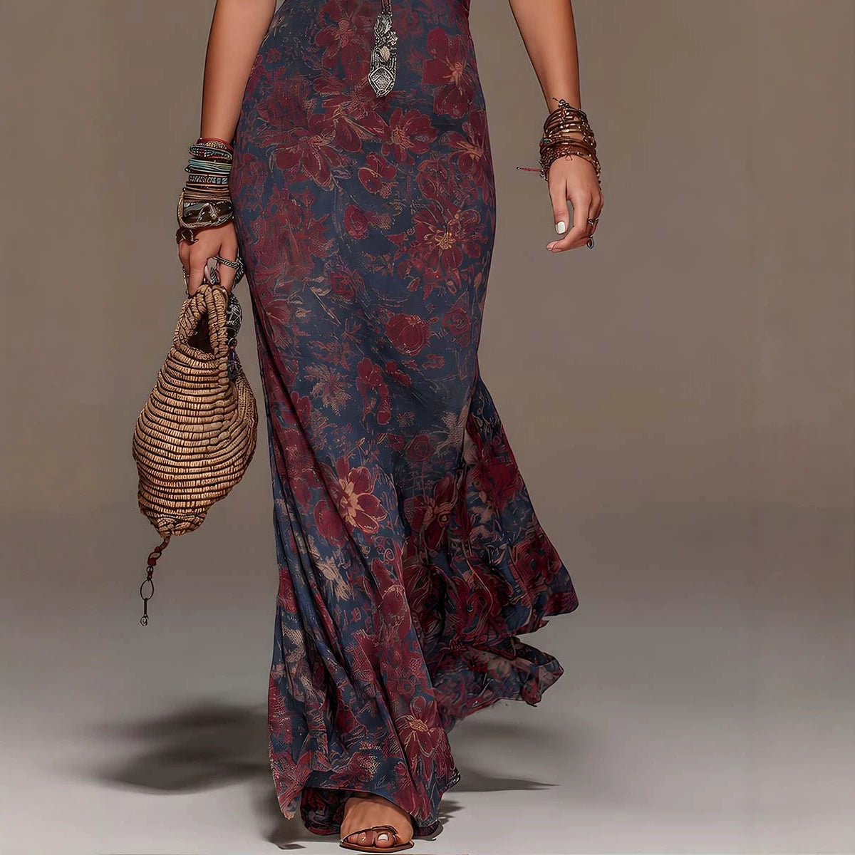 Women's Floral Print Halter Neck Deep V Lace Trim Mermaid Maxi Dress