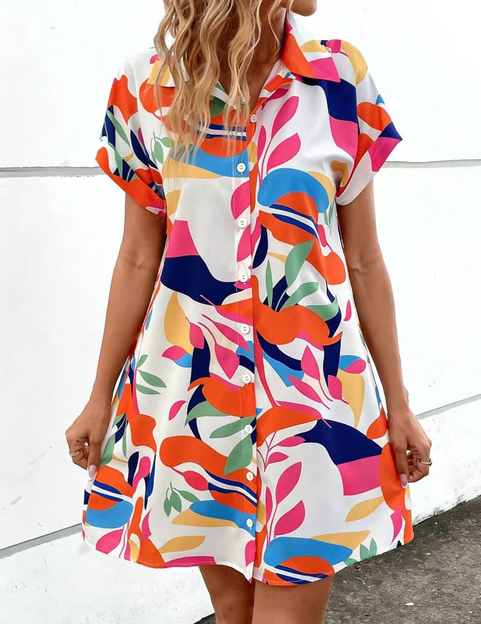 Women's Colorful Tropical Print Shirt Dress – Button Front Short Sleeve Collared A-Line Midi
