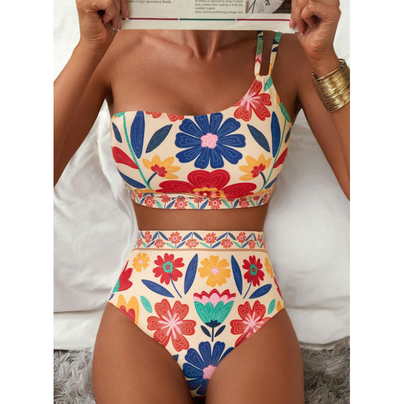 One-Shoulder Floral High-Waisted Bikini Set – Belly-Cinching Two-Piece Swimsuit